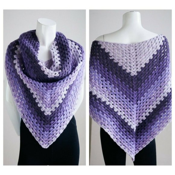 Vintage Hand knit Crochet Two Tone Lavender Purple Triangular Shawl Scarf - Picture 1 of 6
